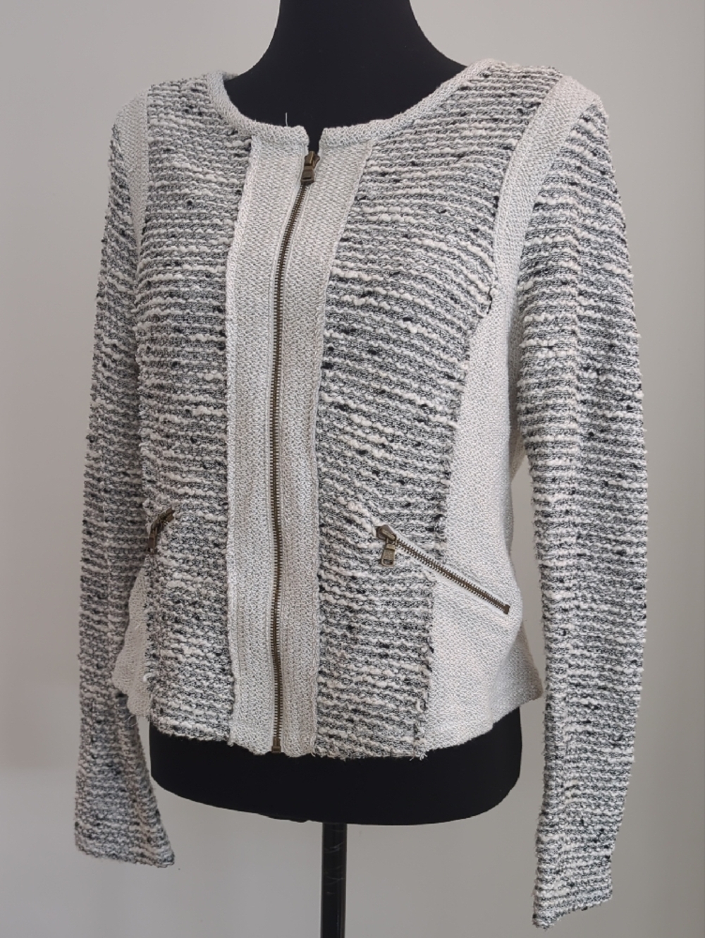 DREW Anthropologie Textured Marled Tweed Zip-Front Blazer Jacket Grey LARGE